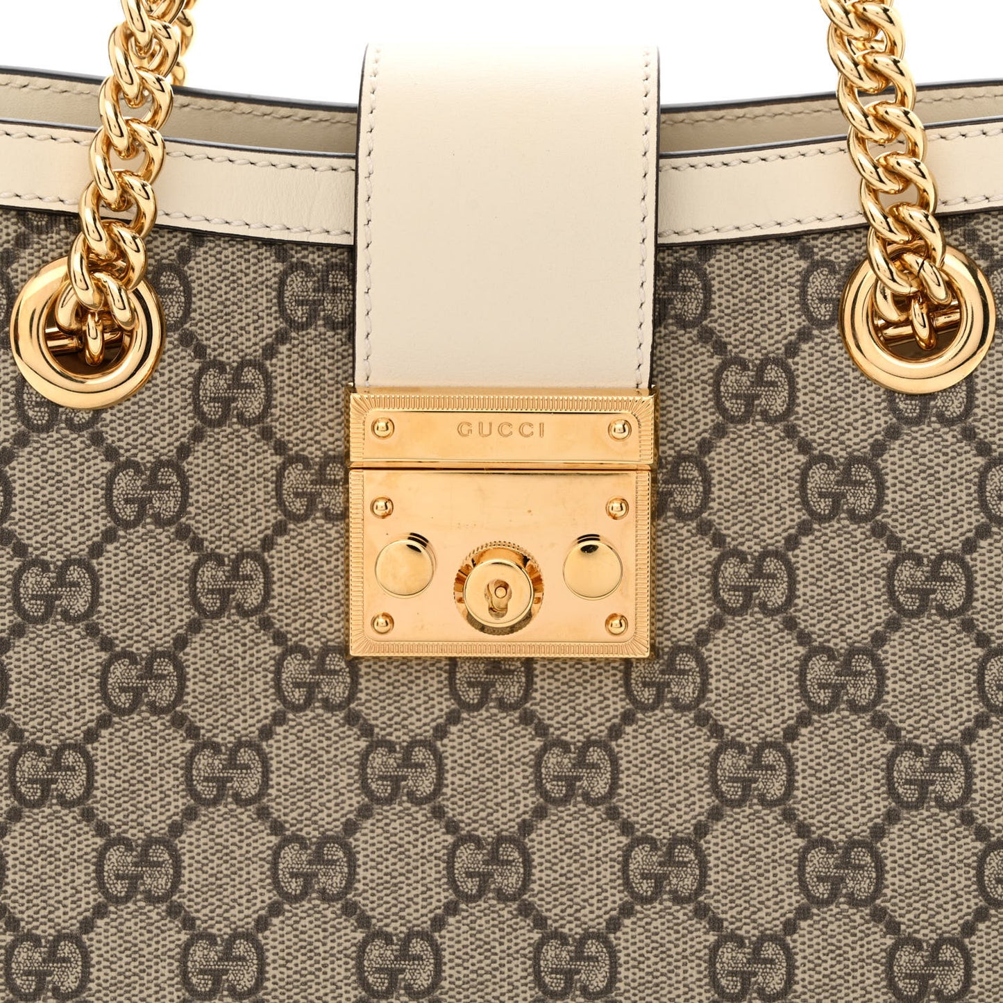 GG Supreme Monogram Moon Calfskin Small Padlock Tote Beige Ebony Mystic White