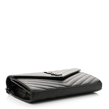 Saint Laurent Grain De Poudre Matelasse Chevron Monogram Monochrome Chain Wallet Black 4 of 11