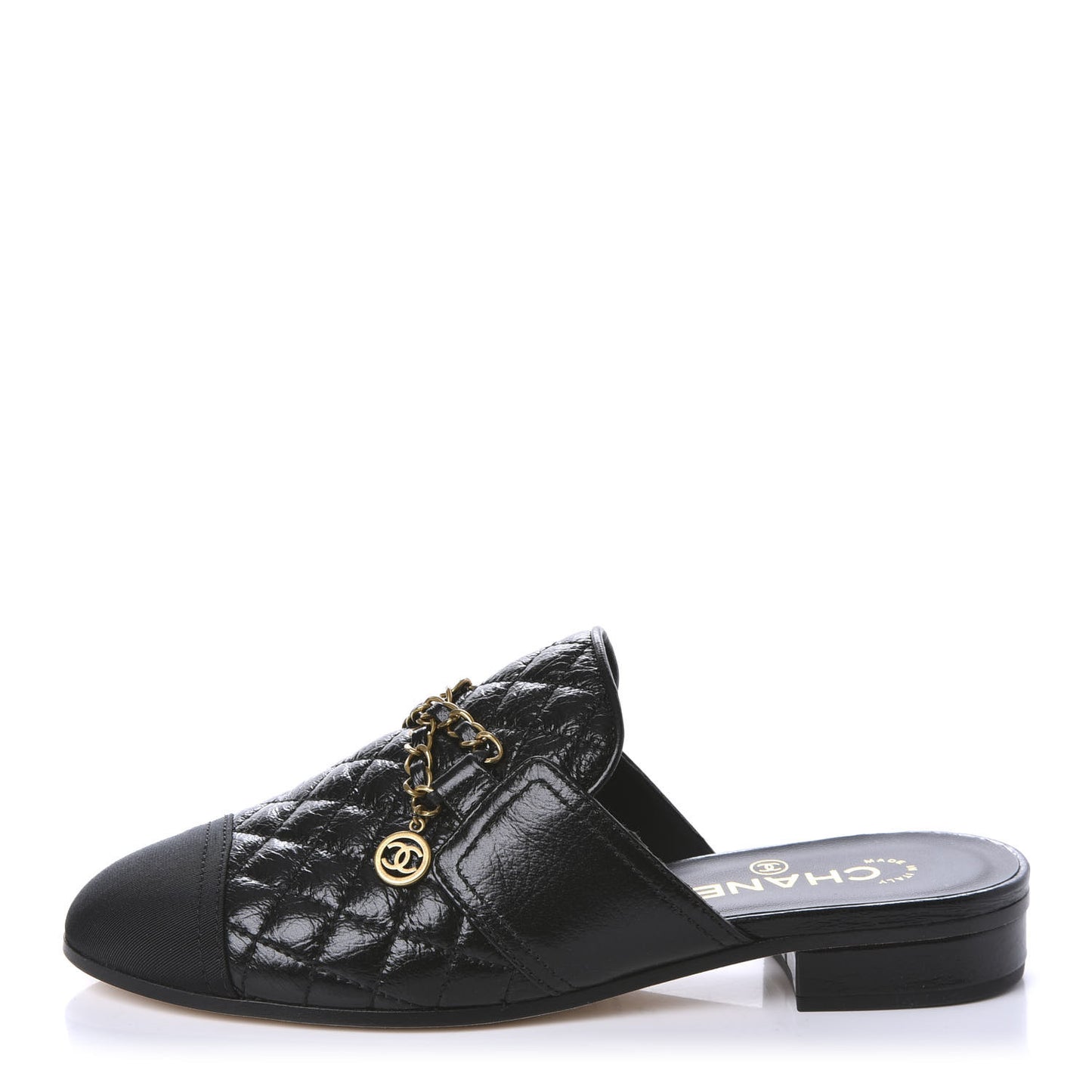 Glazed Deerskin Grosgrain Quilted Chain Mules 37 Black