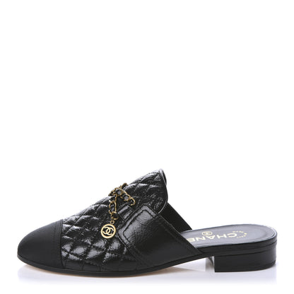 Chanel Glazed Deerskin Grosgrain Quilted Chain Mules 37 Black 1 of 10