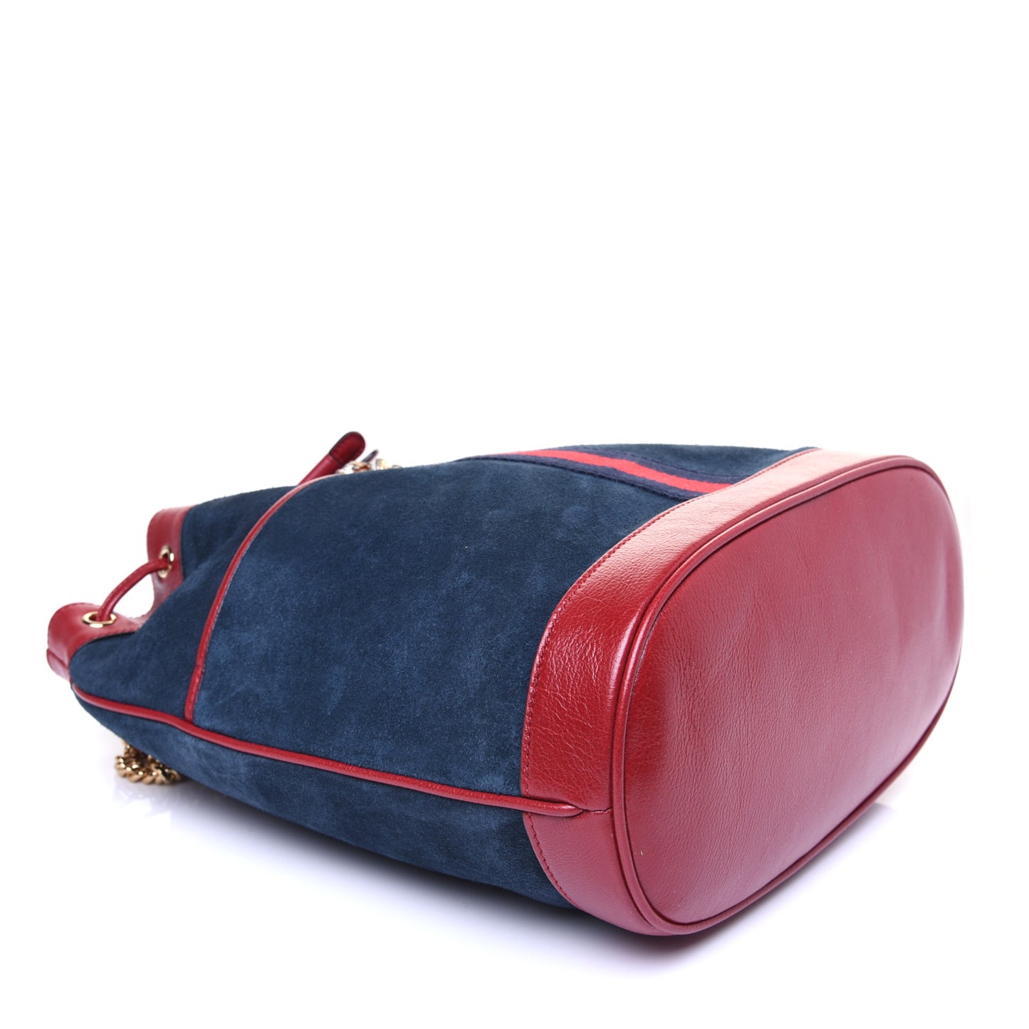 Suede Calfskin Web Medium Rajah Bucket Bag New Blue Romantic Cherry