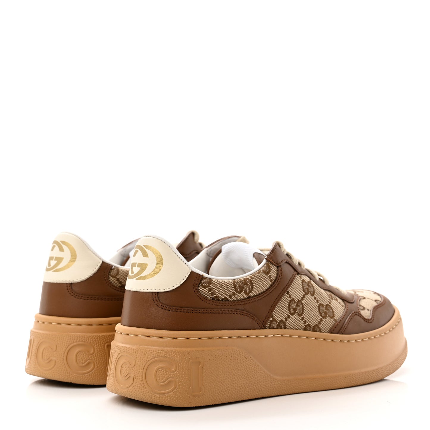 Calfskin GG Monogram Womens Platform 55mm Sneakers 37.5 Hezelnut Beige Ebony Mystic White