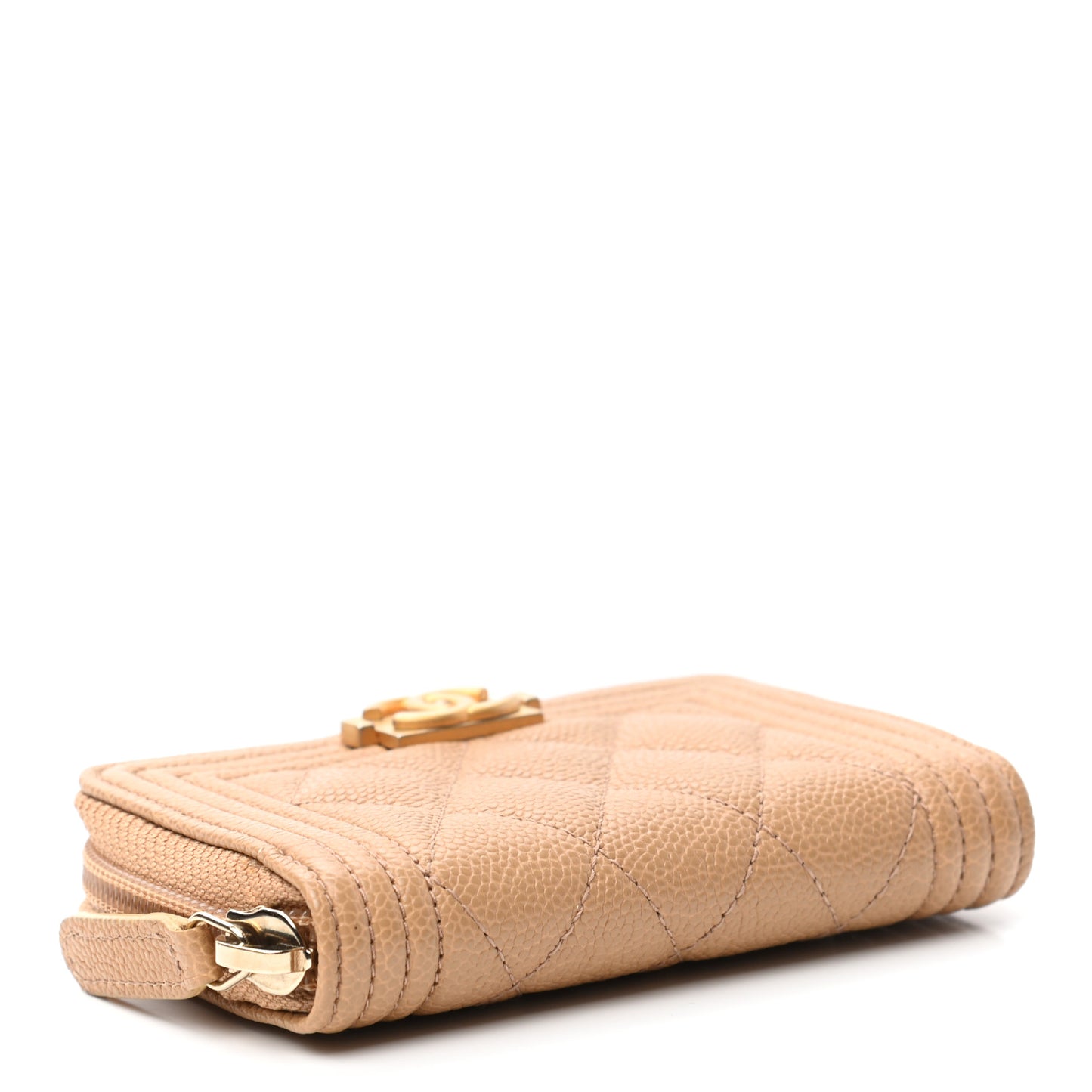 Caviar Quilted Boy Zip Around Coin Purse Wallet Beige