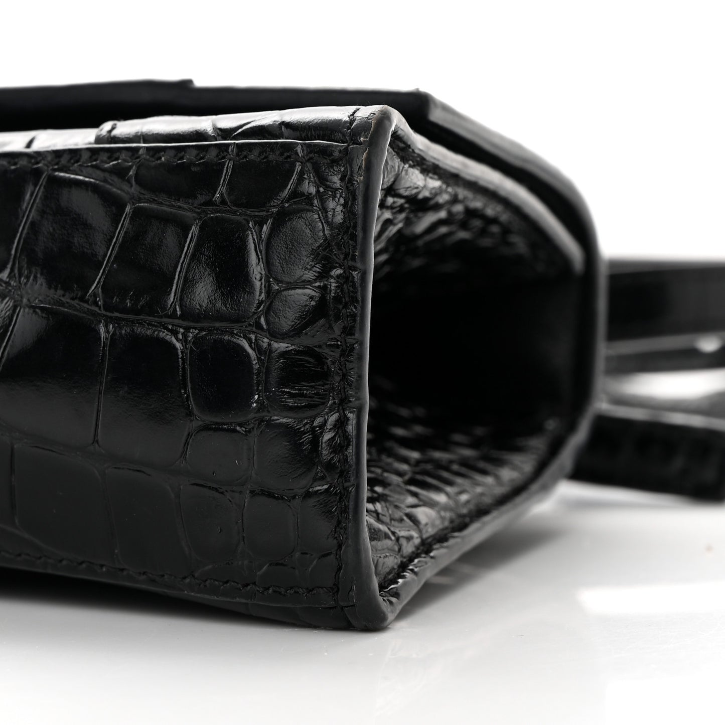 Shiny Calfskin Monochrome Crocodile Embossed Hourglass Top Handle Bag XS Black