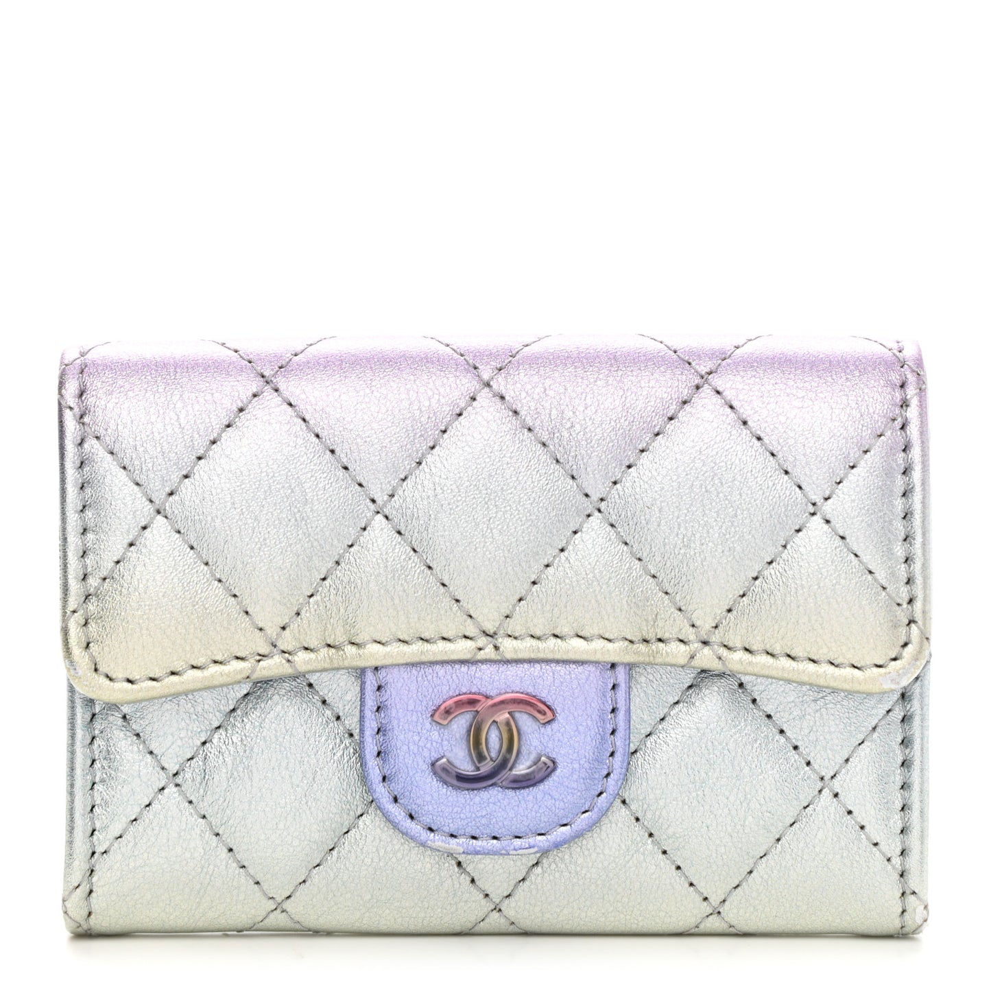 Gradient Metallic Calfskin Quilted Flap Card Holder Wallet Silver Blue Yellow Purple