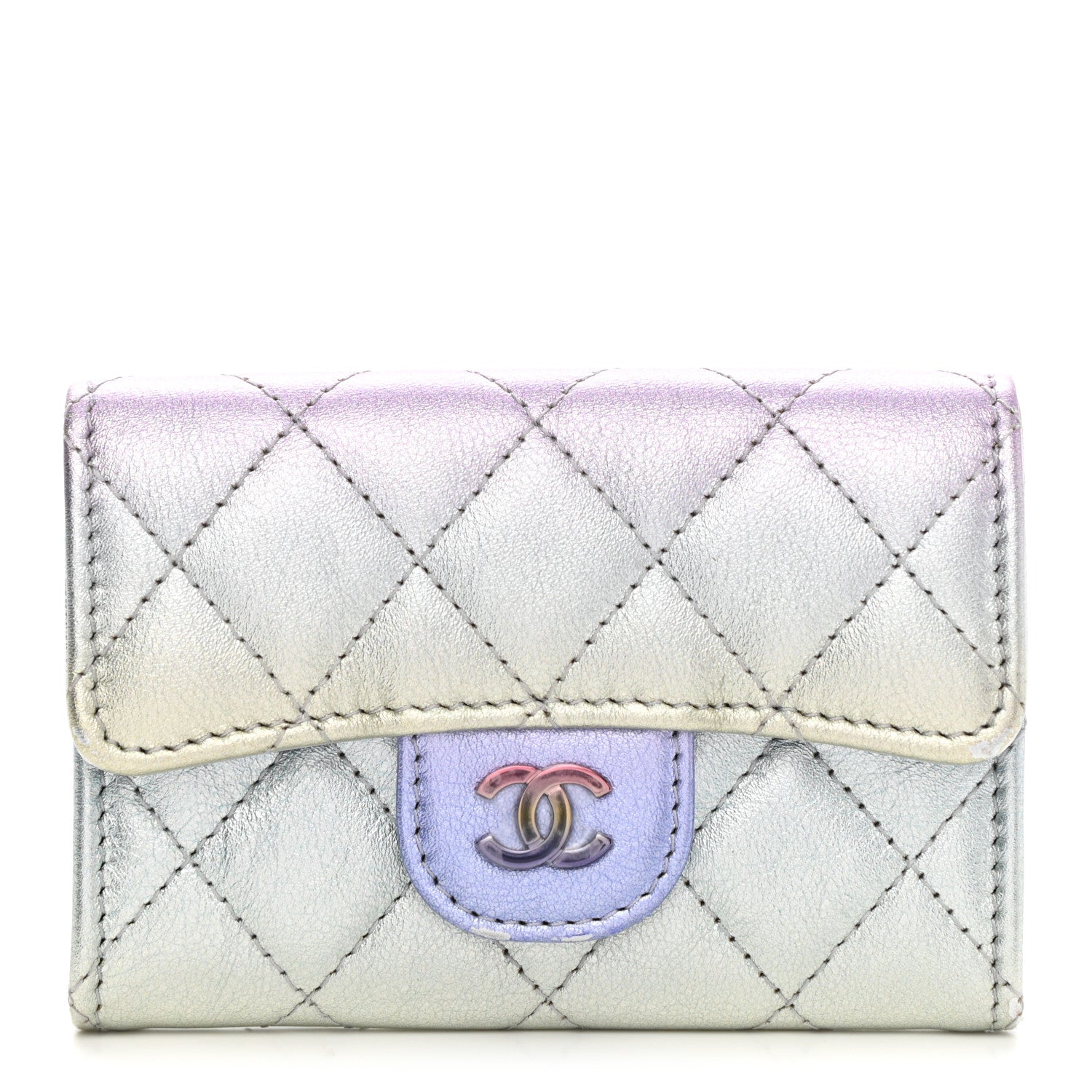 Chanel Gradient Metallic Calfskin Quilted Flap Card Holder Wallet Silver Blue Yellow Purple 1 of 9
