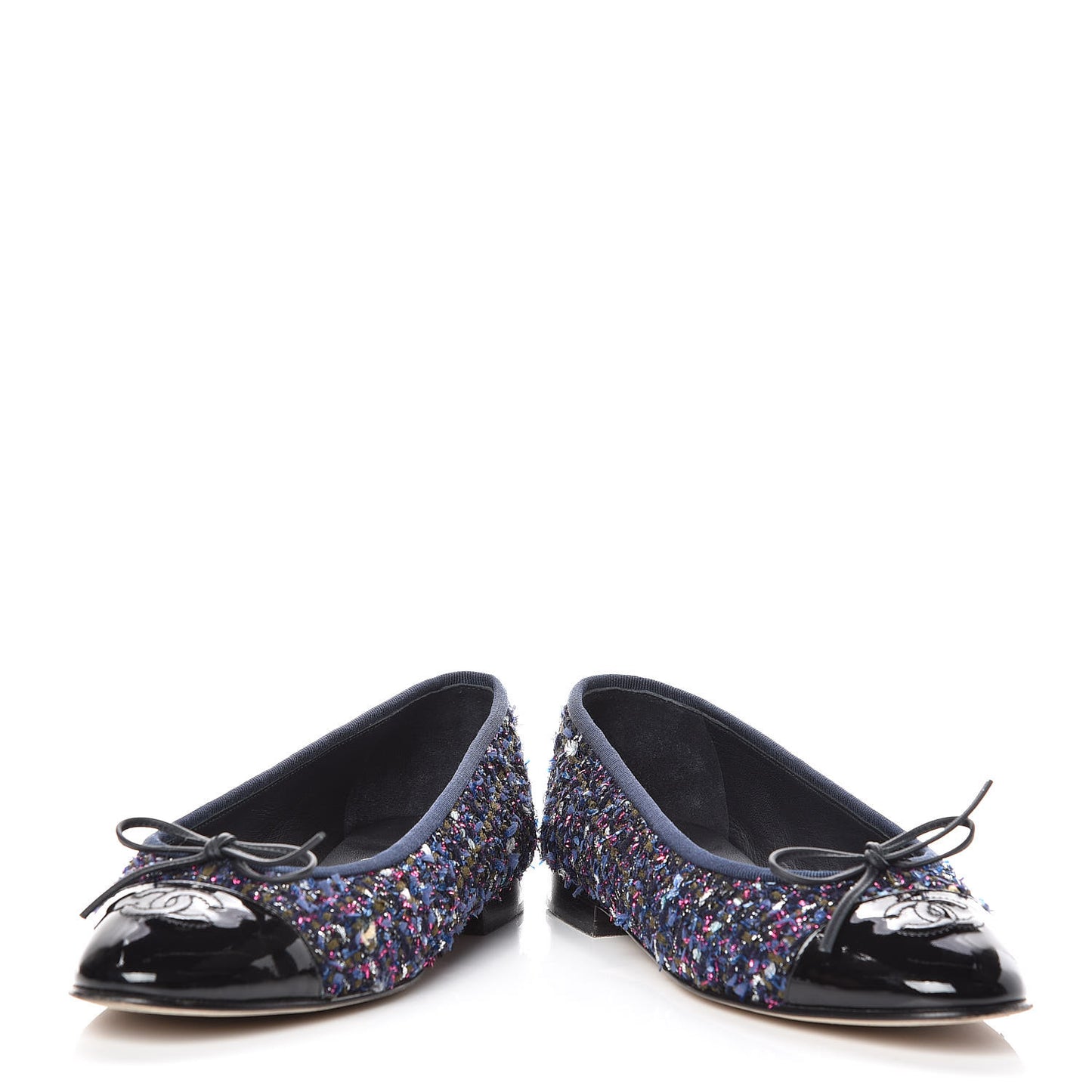 Tweed Patent Calfskin Cap Toe Ballerina Flats 37.5 Blue Pink Black