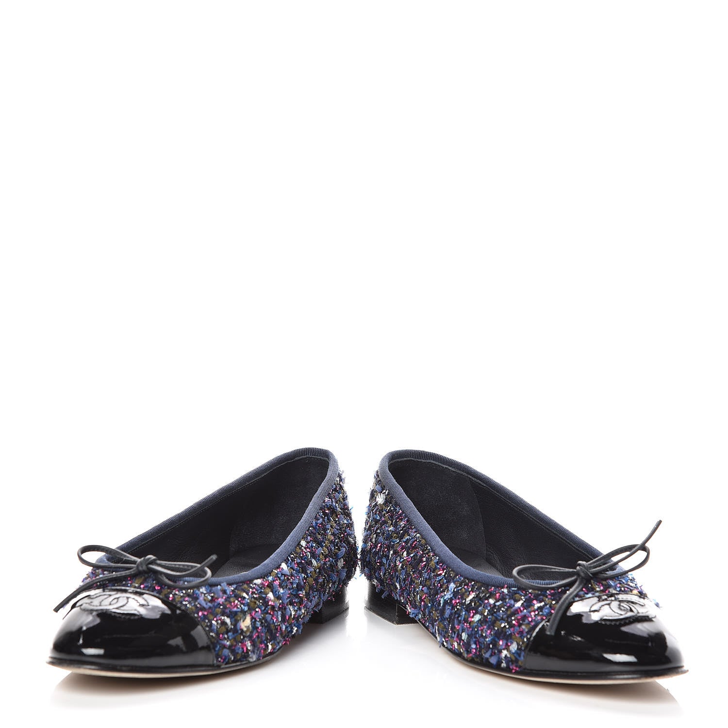 Chanel Tweed Patent Calfskin Cap Toe Ballerina Flats 37.5 Blue Pink Black 6 of 14