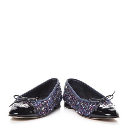 Chanel Tweed Patent Calfskin Cap Toe Ballerina Flats 37.5 Blue Pink Black 6 of 14
