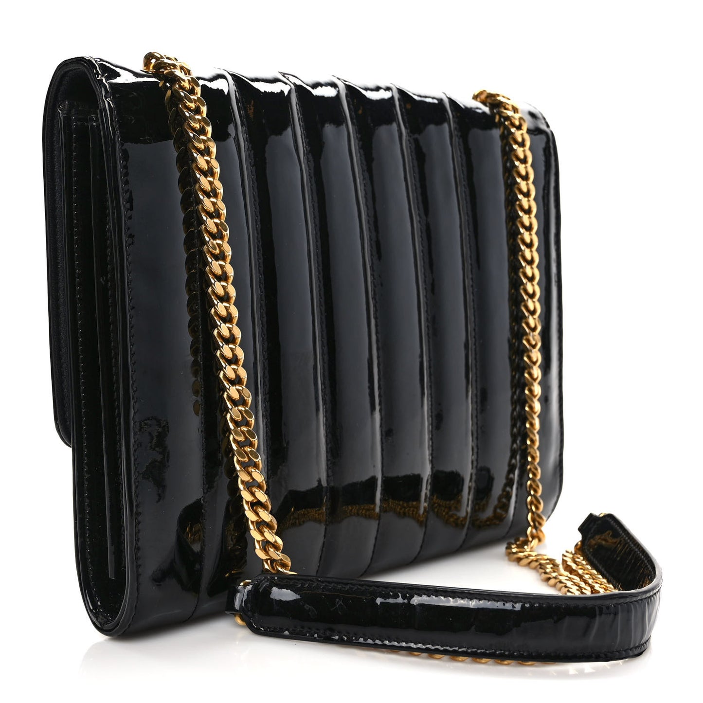 Patent Calfskin Matelasse Monogram Vicky Chain Wallet Black