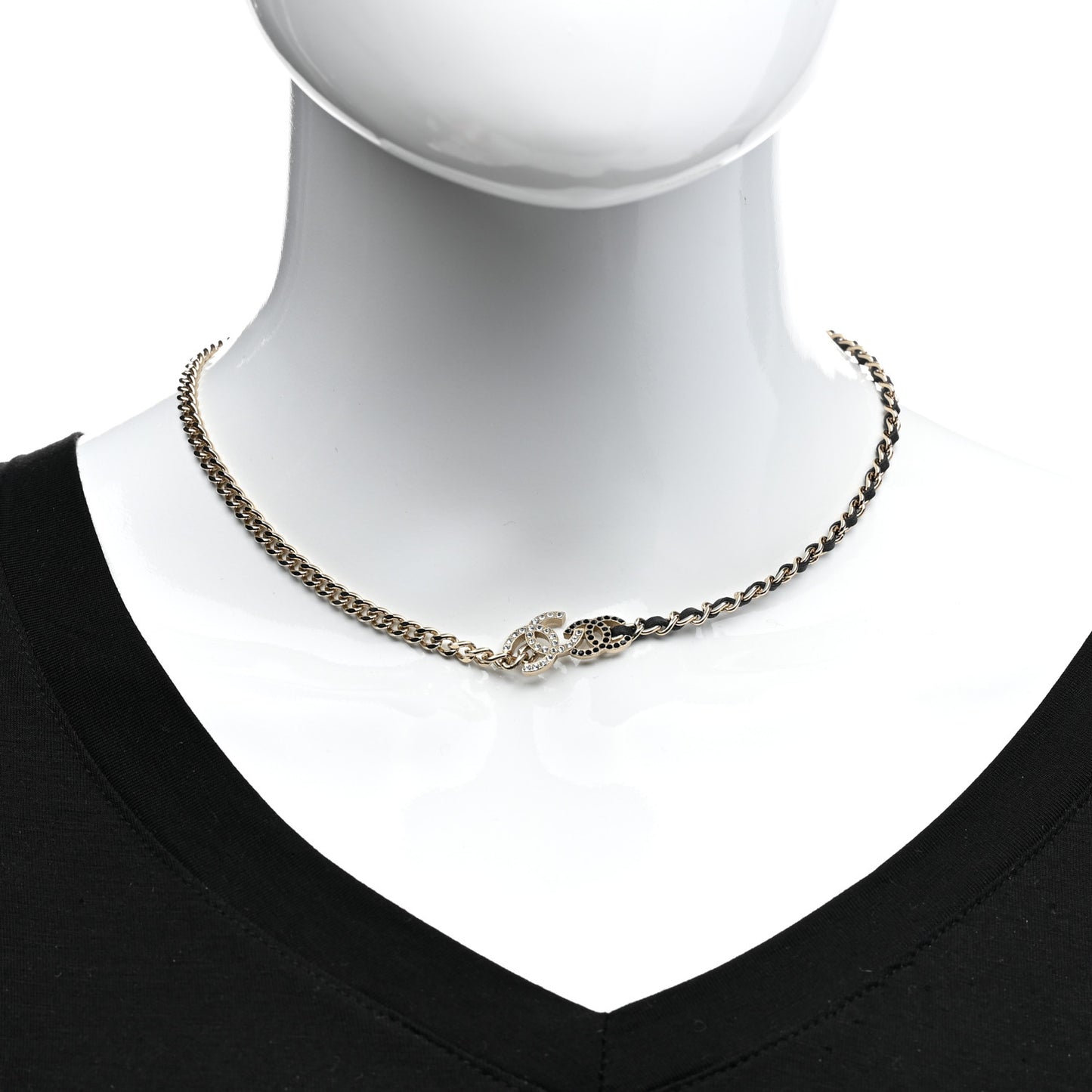 Metal Calfskin Crystal Double CC Short Necklace Black Gold