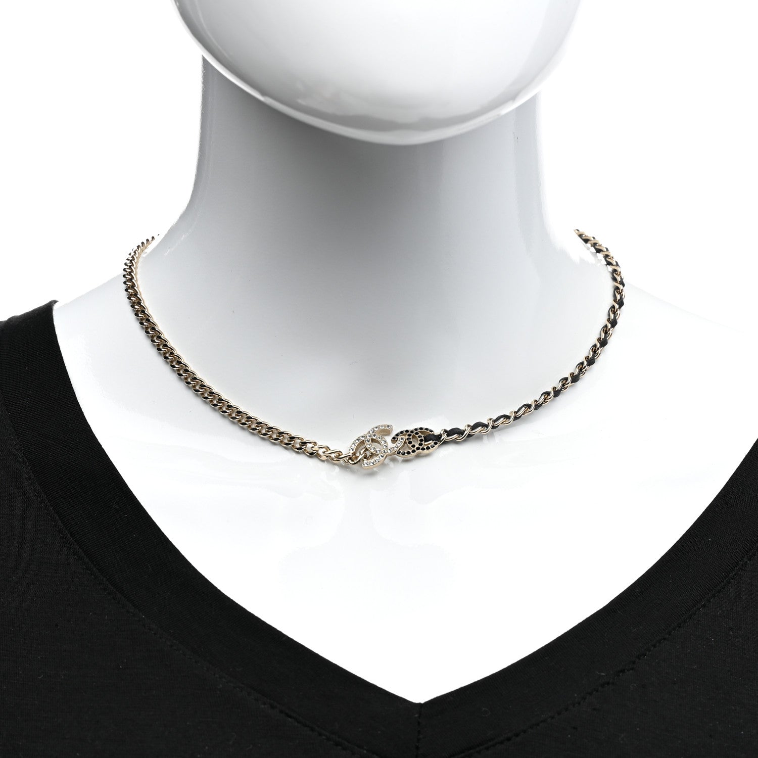 Chanel Metal Calfskin Crystal Double CC Short Necklace Black Gold 2 of 6