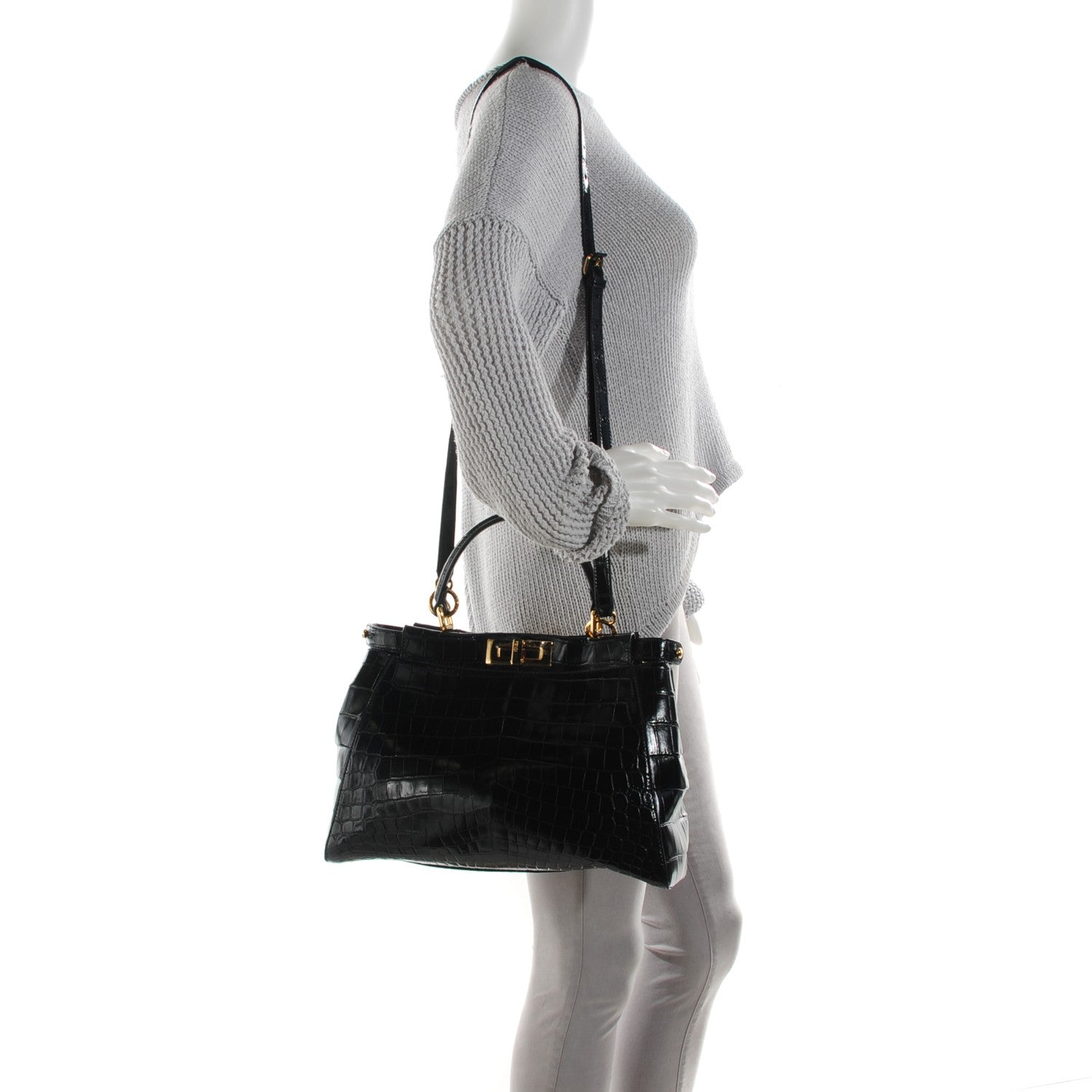 Fendi Shiny Crocodile Shiny Nappa Medium Peekaboo Iconic Satchel Dark Blue 2 of 8