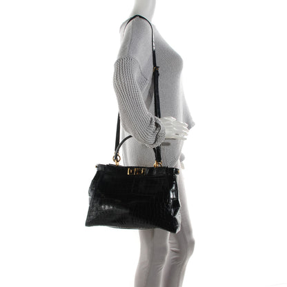 Fendi Shiny Crocodile Shiny Nappa Medium Peekaboo Iconic Satchel Dark Blue 2 of 8