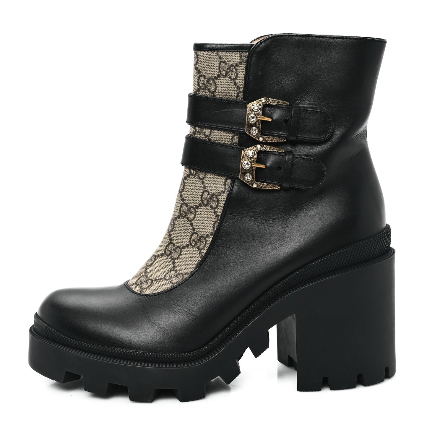 Kensington Calfskin Nappa GG Supreme Monogram Womens Double Buckle Ankle Boots 41 Black