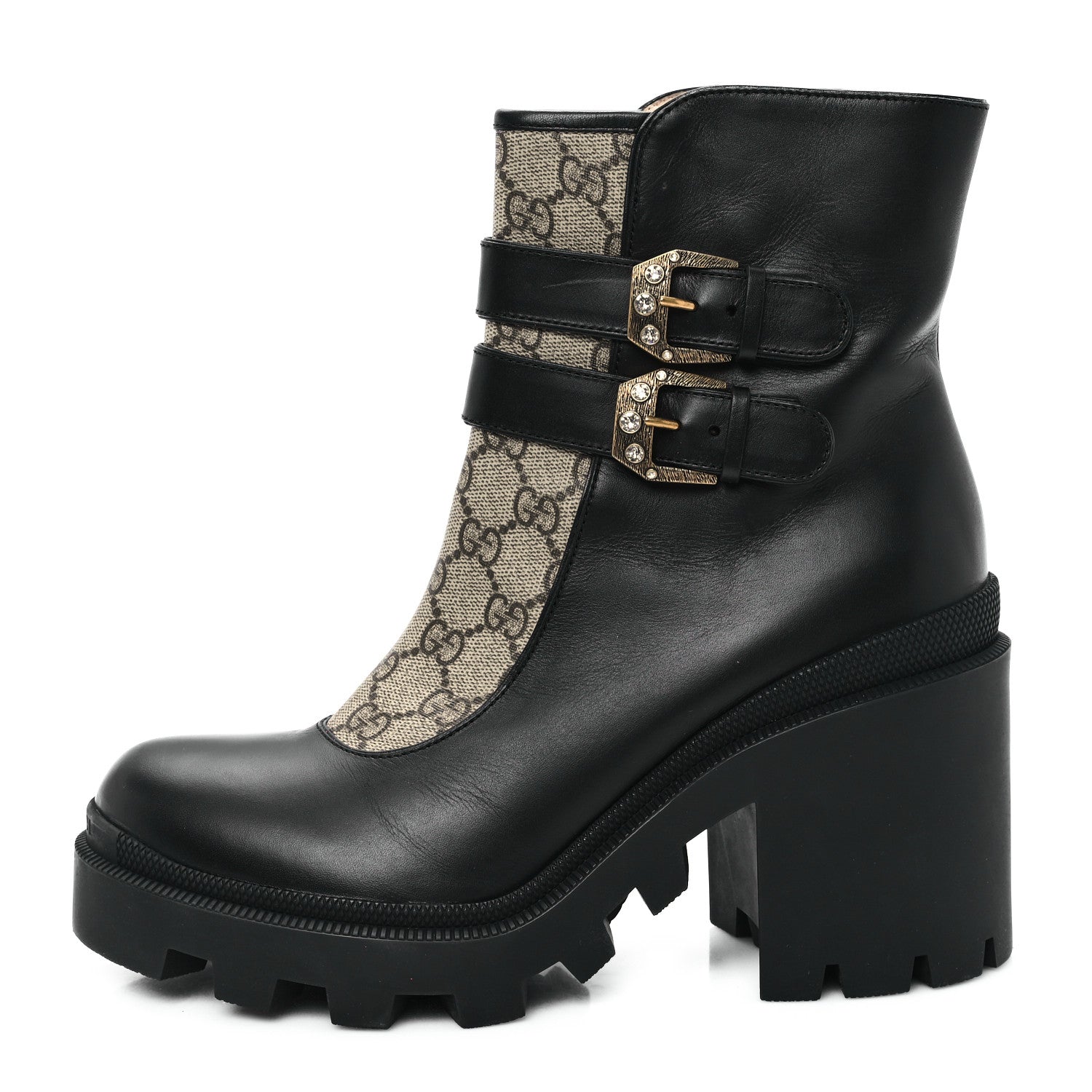 Gucci Kensington Calfskin Nappa GG Supreme Monogram Womens Double Buckle Ankle Boots 41 Black 1 of 11