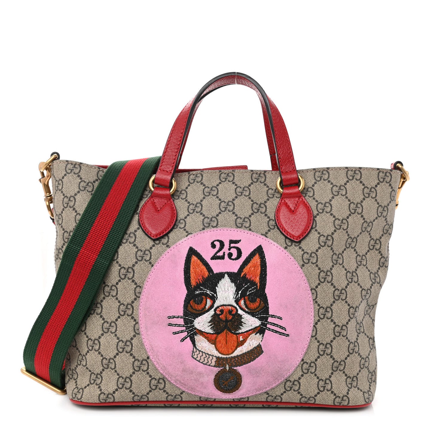 Soft GG Supreme Monogram Web Bosco Patch Small Crossbody Tote Beige Malva Hibiscus Red