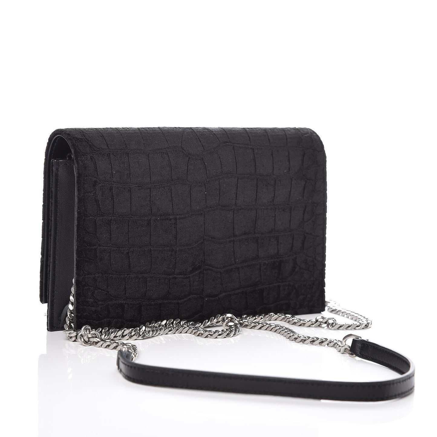Suede Crocodile Embossed Monogram Tassel Chain Wallet Black Silver
