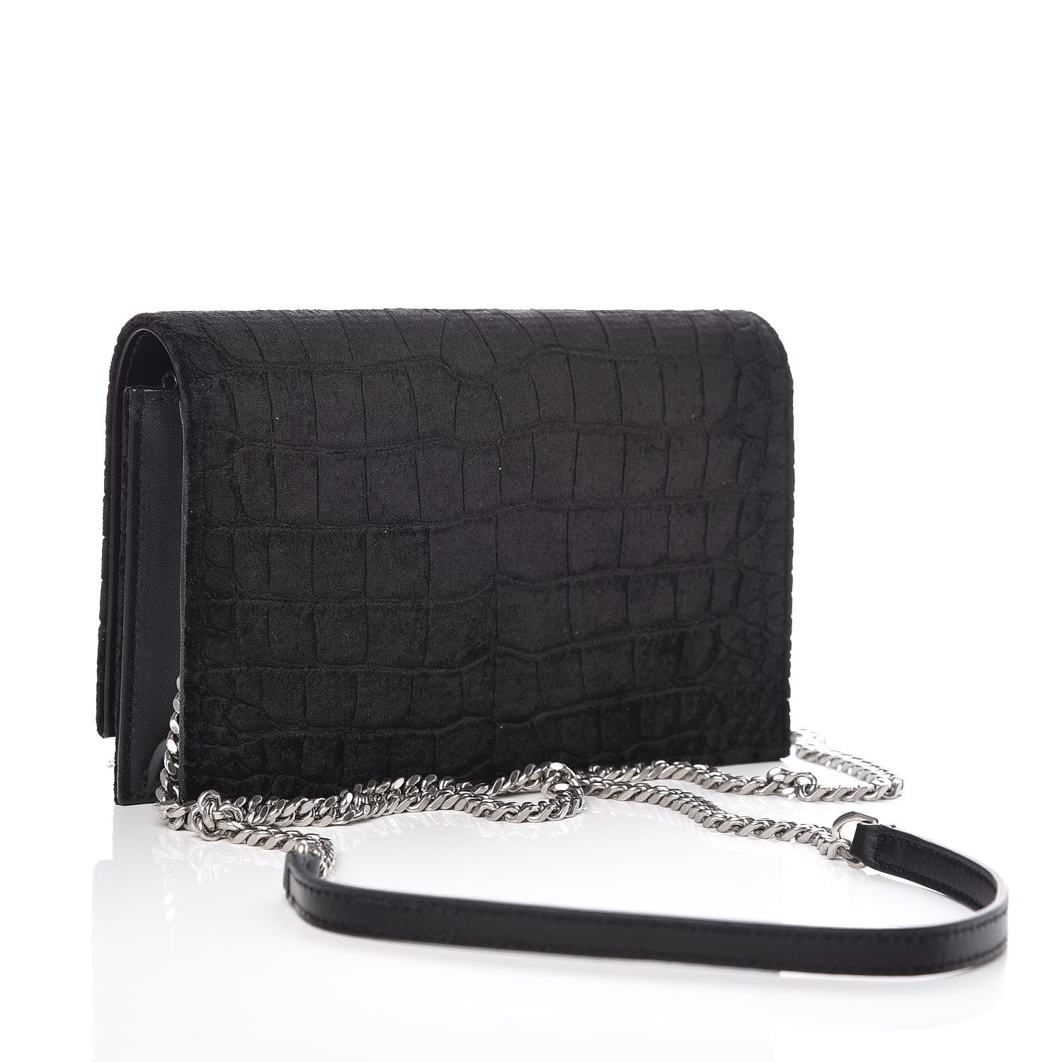 Saint Laurent Suede Crocodile Embossed Monogram Tassel Chain Wallet Black Silver 3 of 8