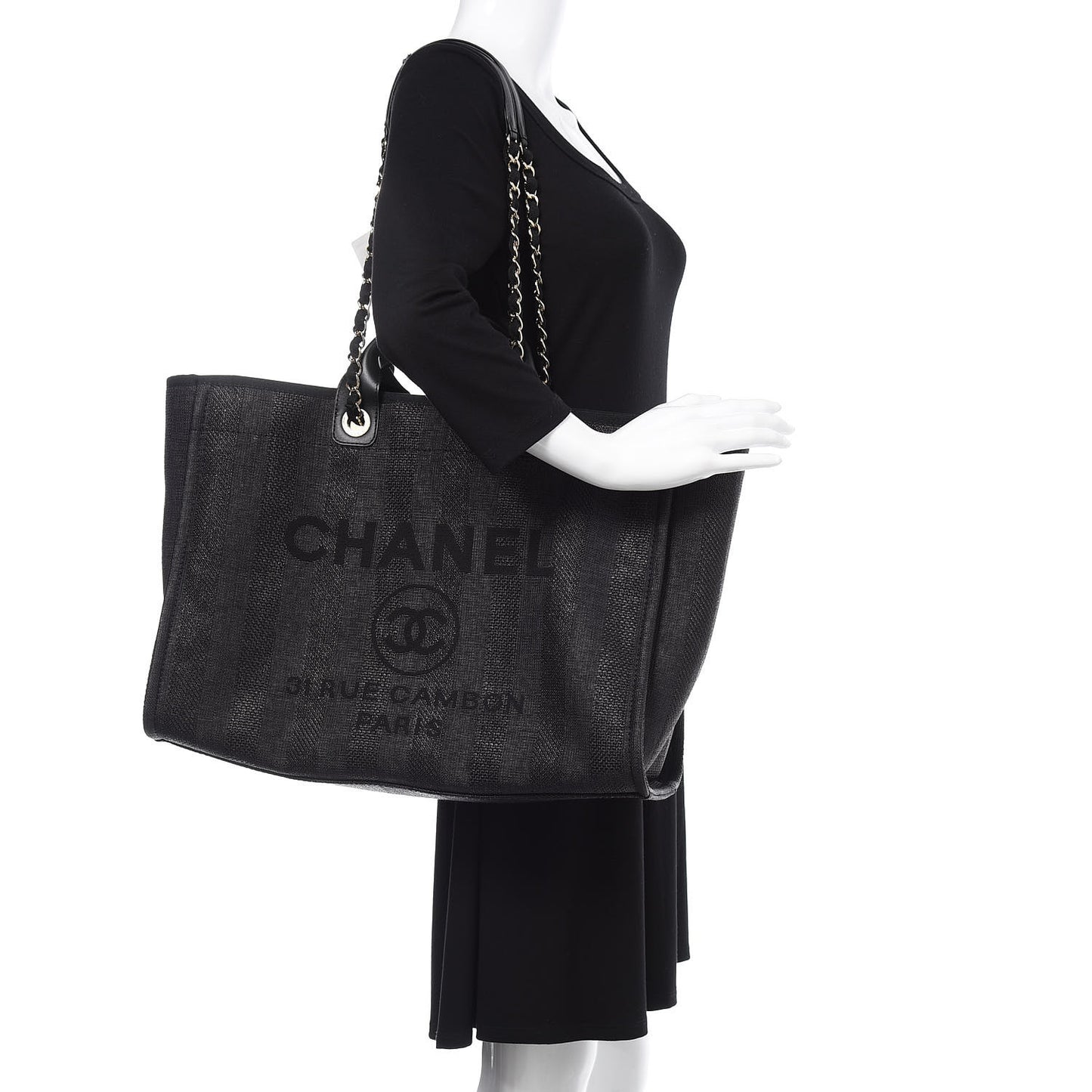 Straw Raffia Calfskin Striped Large Deauville Tote Black