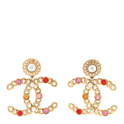 Chanel Pearl Crystal Chain Link CC Drop Earrings Gold Red Pink Yellow 1 of 4