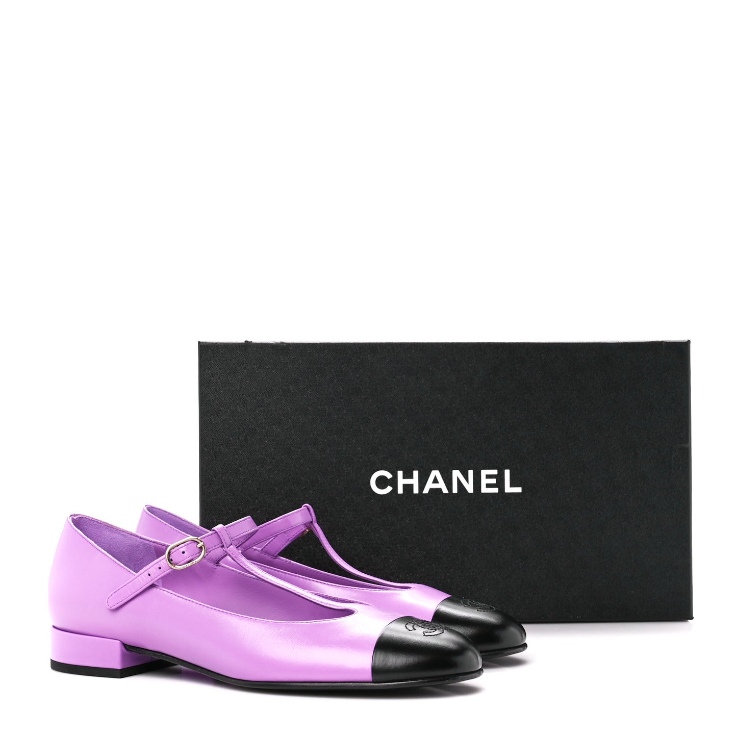 Calfskin Cap Toe T Strap CC Flats 38 Purple Black
