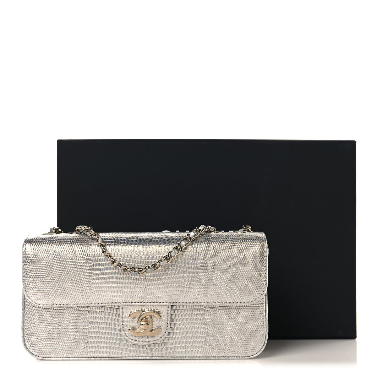 Chanel Metallic Calfskin Lizard Embossed Small East West Flap Silver 11 of 11