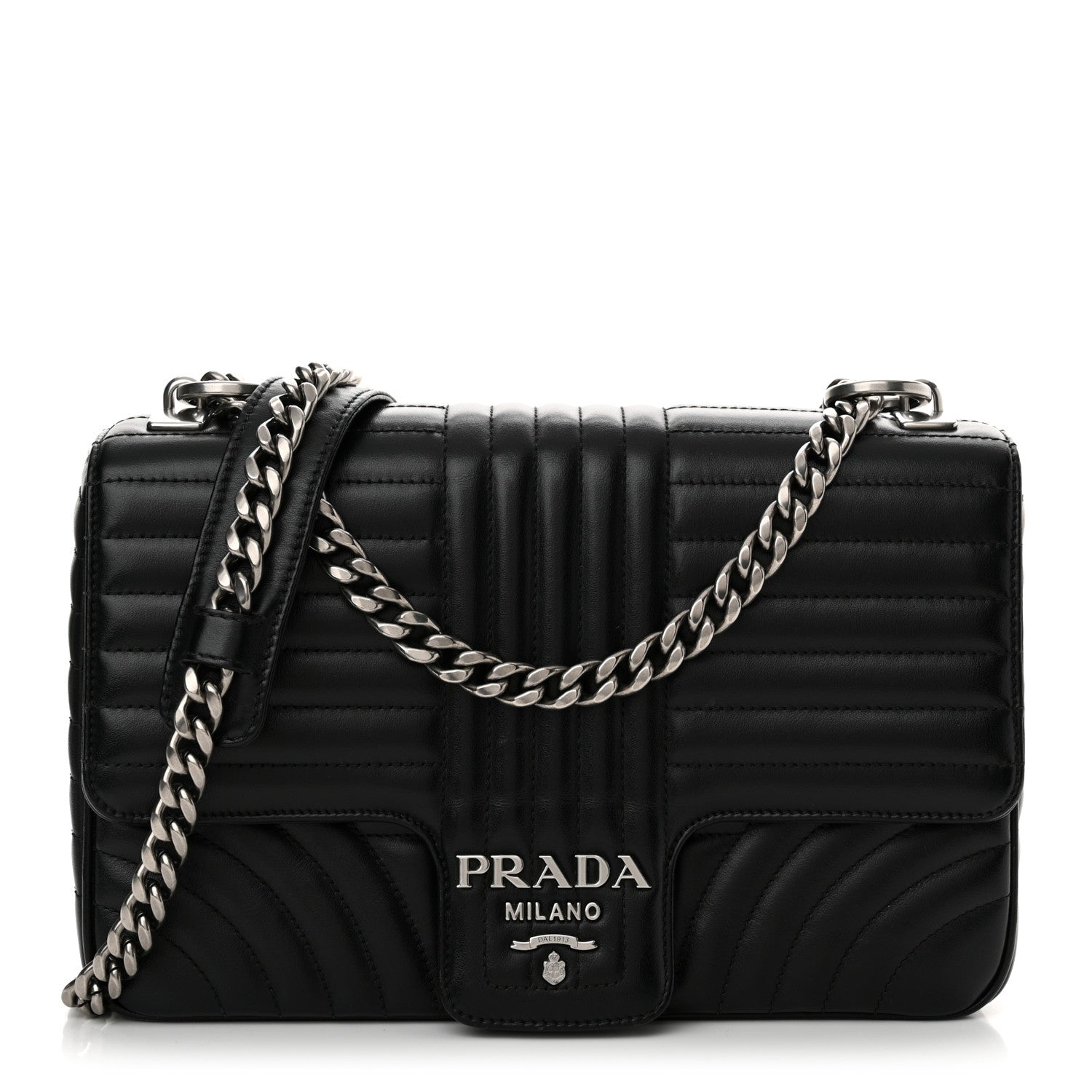 Prada Soft Calfskin Impunture Diagramme Large Chain Flap Shoulder Bag Black 1 of 12
