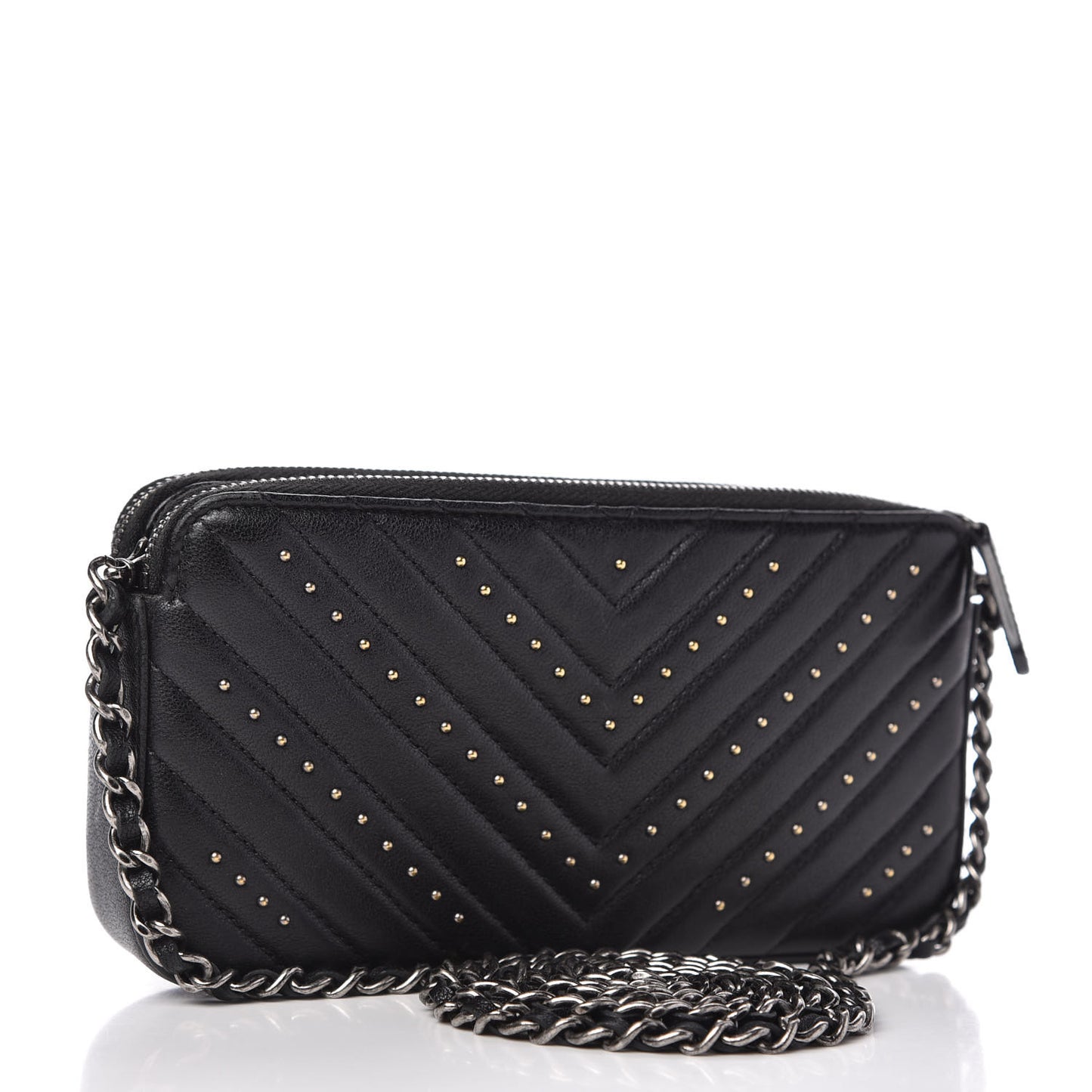 Sheepskin Chevron Quilted Studded Reissue Small Clutch With Chain Black