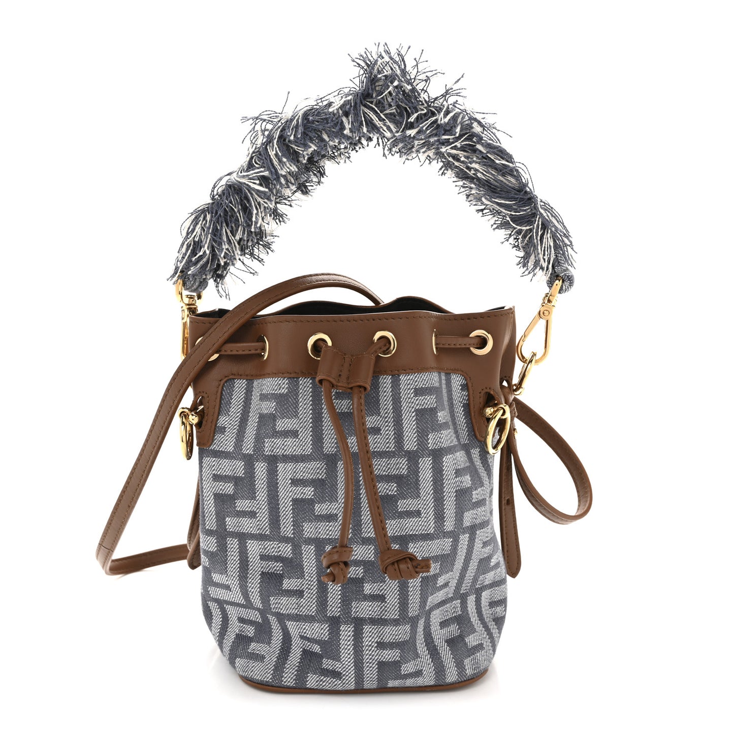 Denim Effect Fabric FF Jacquard Vitello Mini Mon Tresor Bucket Bag Blue Brown
