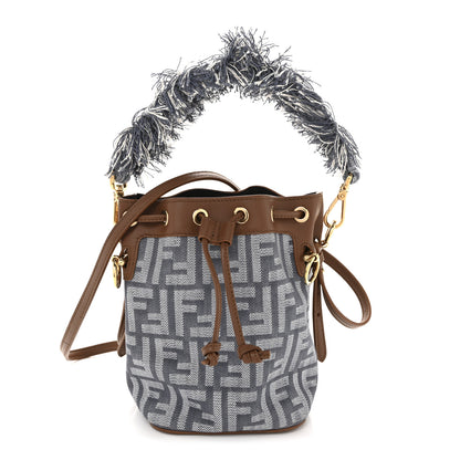 Fendi Denim Effect Fabric FF Jacquard Vitello Mini Mon Tresor Bucket Bag Blue Brown 1 of 10