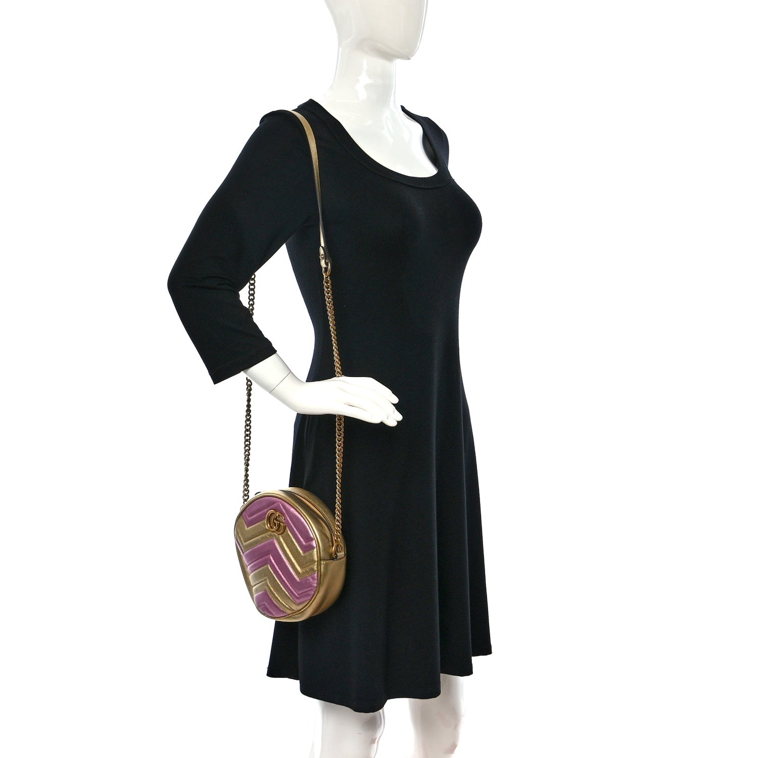 Gucci Metallic Nappa Matelasse Heart Mini GG Marmont Round Shoulder Bag Oro Vecchio Rosa 2 of 9