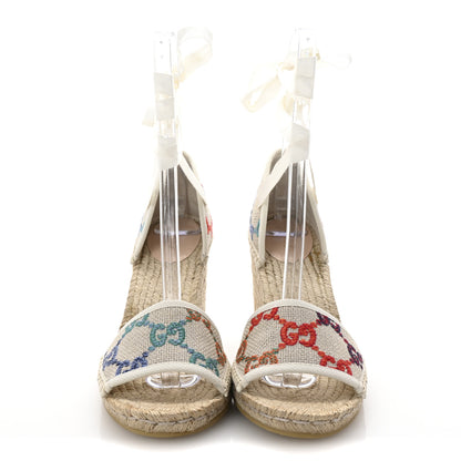 Gucci Linen Psychedelic Mini GG Monogram Ankle Wrap Platform Espadrille Wedge Sandals 41 Multicolor Mystic White 3 of 11