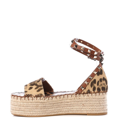 Valentino Garavani Canvas Leopard Print Rockstud Ankle Wrap Espadrille Flatform Sandals 36 Brown 1 of 11