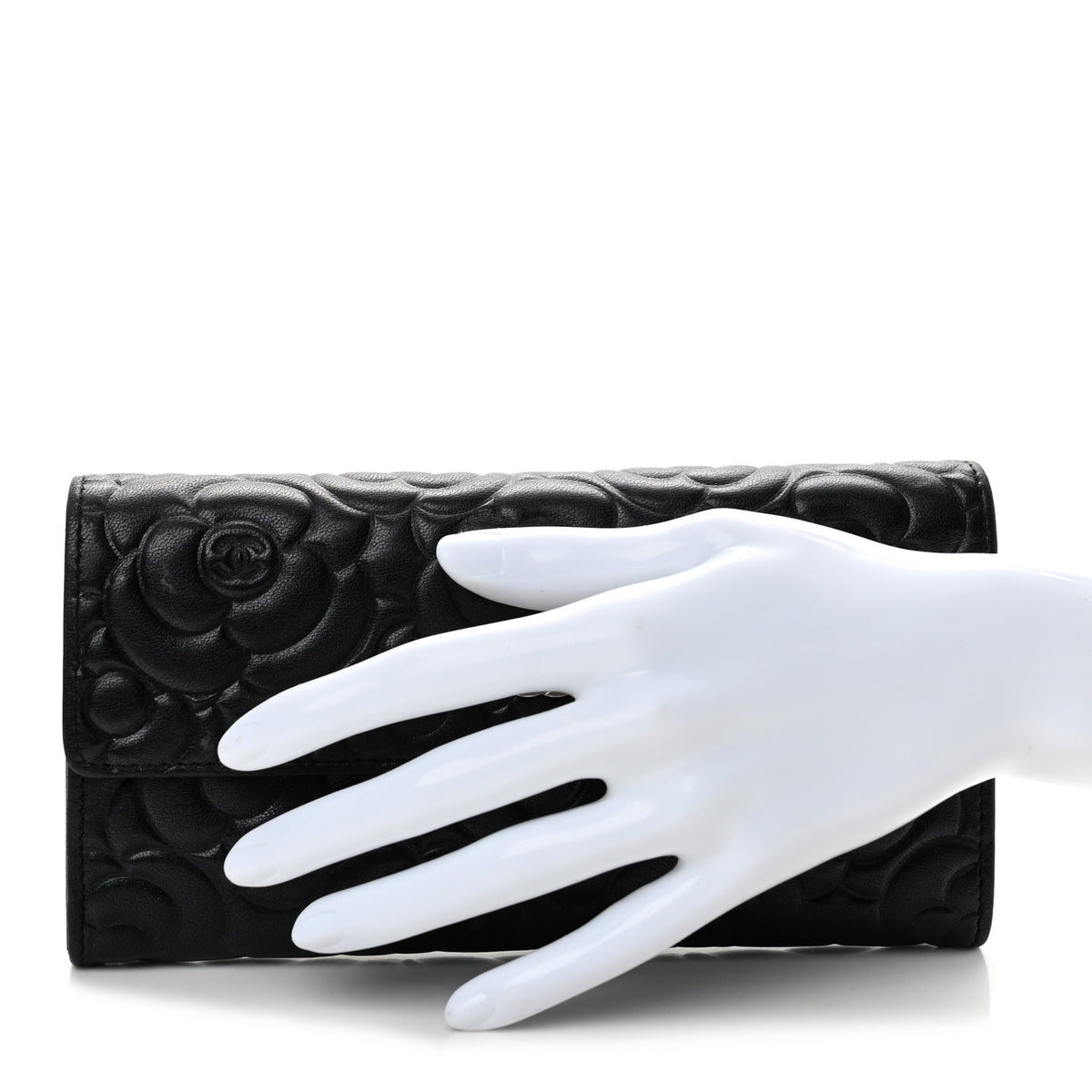 Lambskin Embossed Camellia Large Gusset Flap Wallet Black