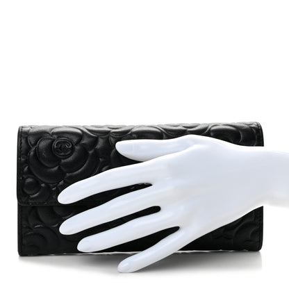Chanel Lambskin Embossed Camellia Large Gusset Flap Wallet Black 2 of 12