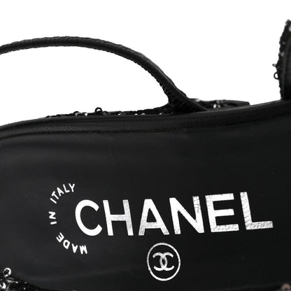 Chanel Tweed Sequin Cap Toe CC Slingback Pumps 38 Black White Silver 8 of 14