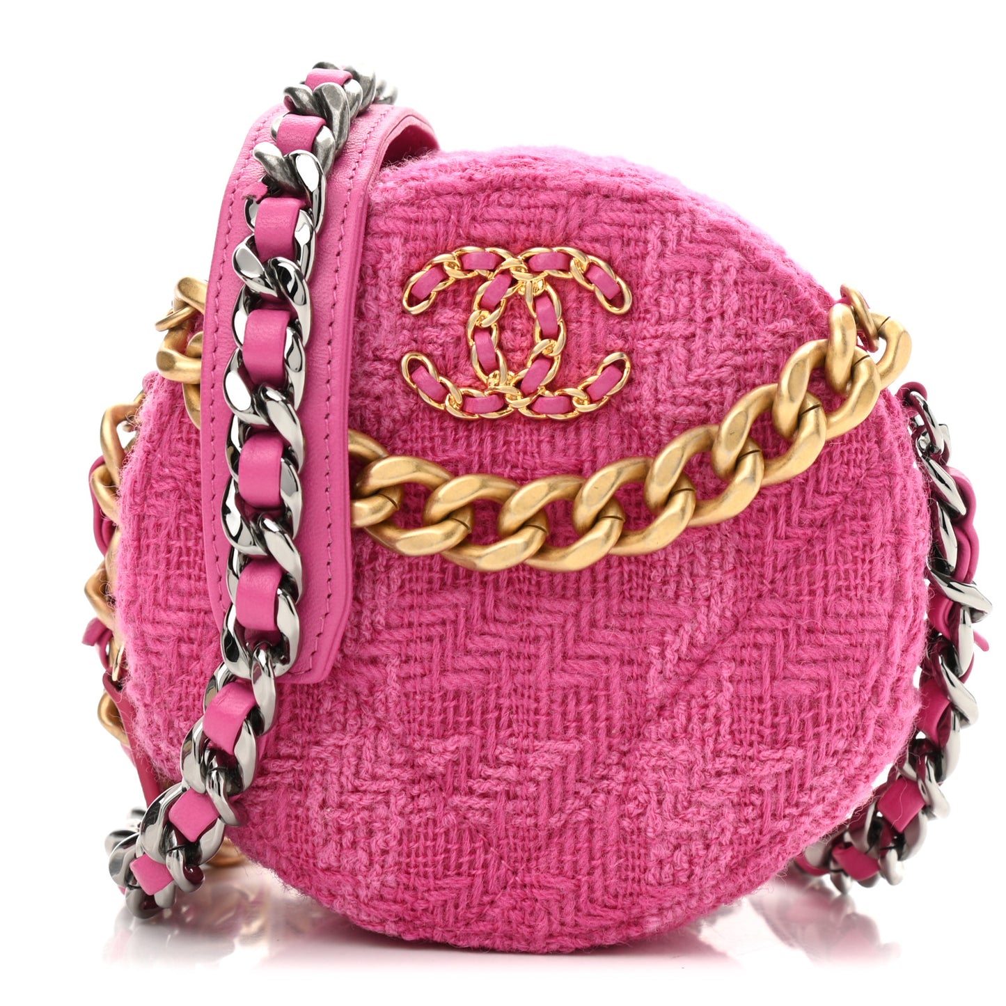 Wool Tweed Lambskin Quilted Chanel 19 Round Clutch With Chain and Coin Purse Fuchsia