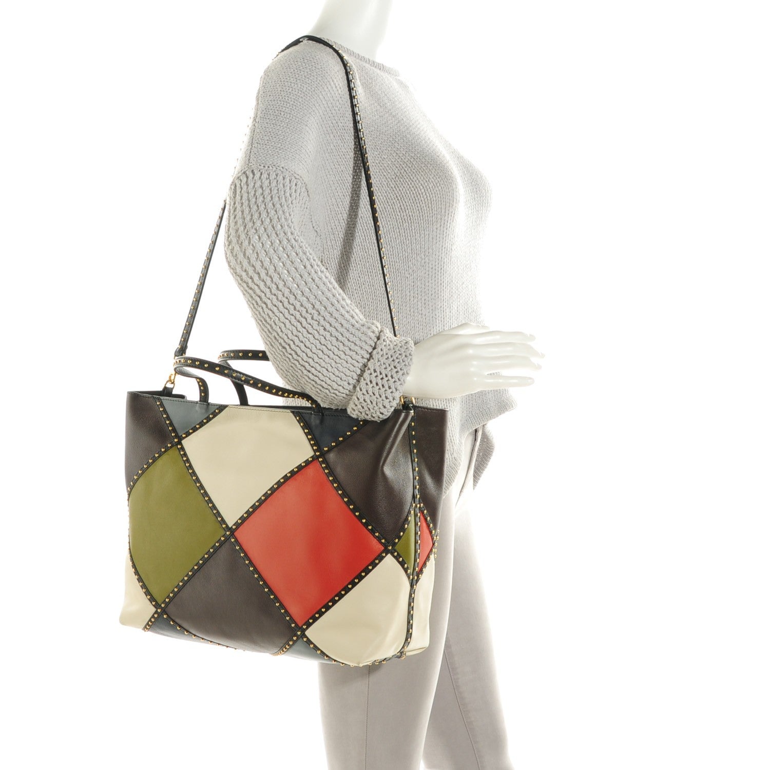 Valentino Garavani Calfskin Studded Colorblock Patchwork Tote 2 of 8