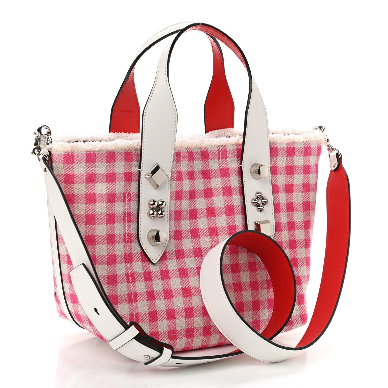 Christian Louboutin Canvas Gingham Printed Mini Frangibus Tote Pink White 3 of 10