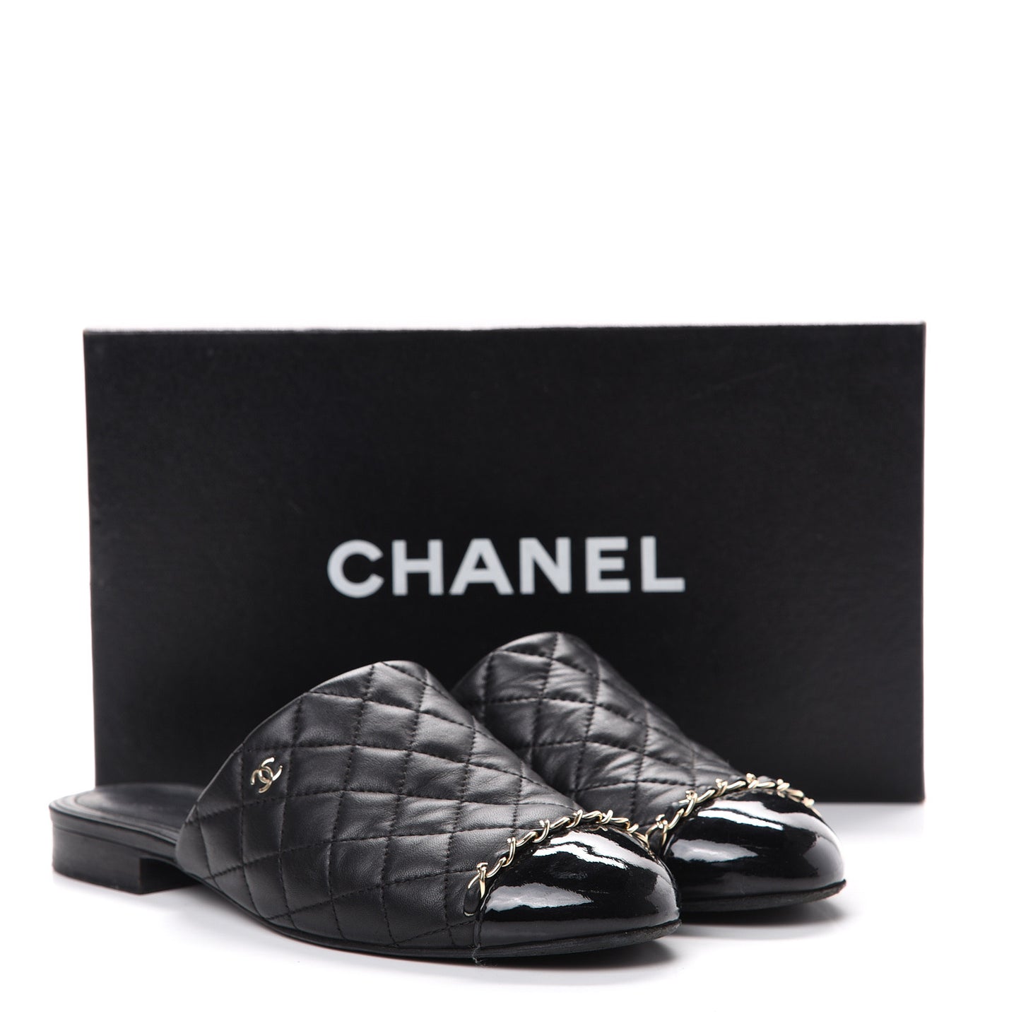 Lambskin Patent Quilted Chain Mules 38 Black