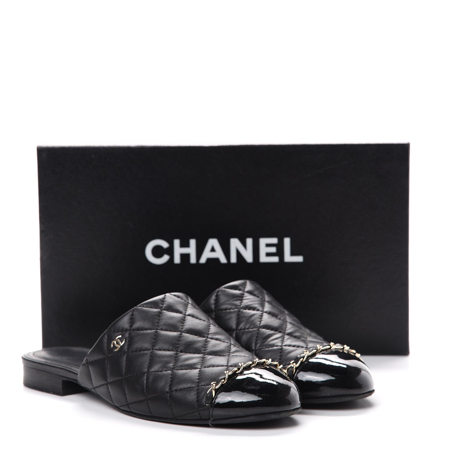 Chanel Lambskin Patent Quilted Chain Mules 38 Black 16 of 16