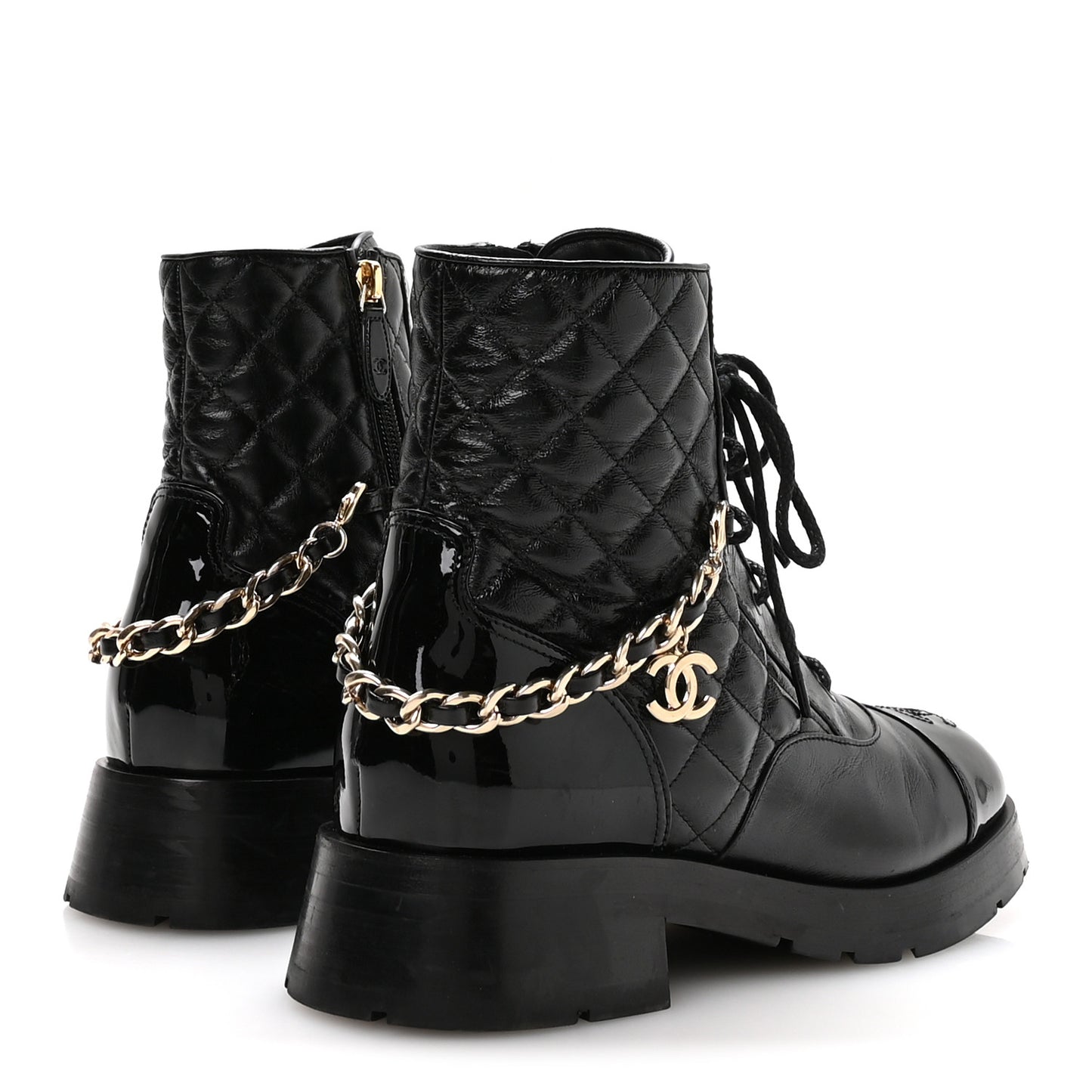 Shiny Calfskin Patent Quilted Chain Lace Up Combat Boots 40 Black