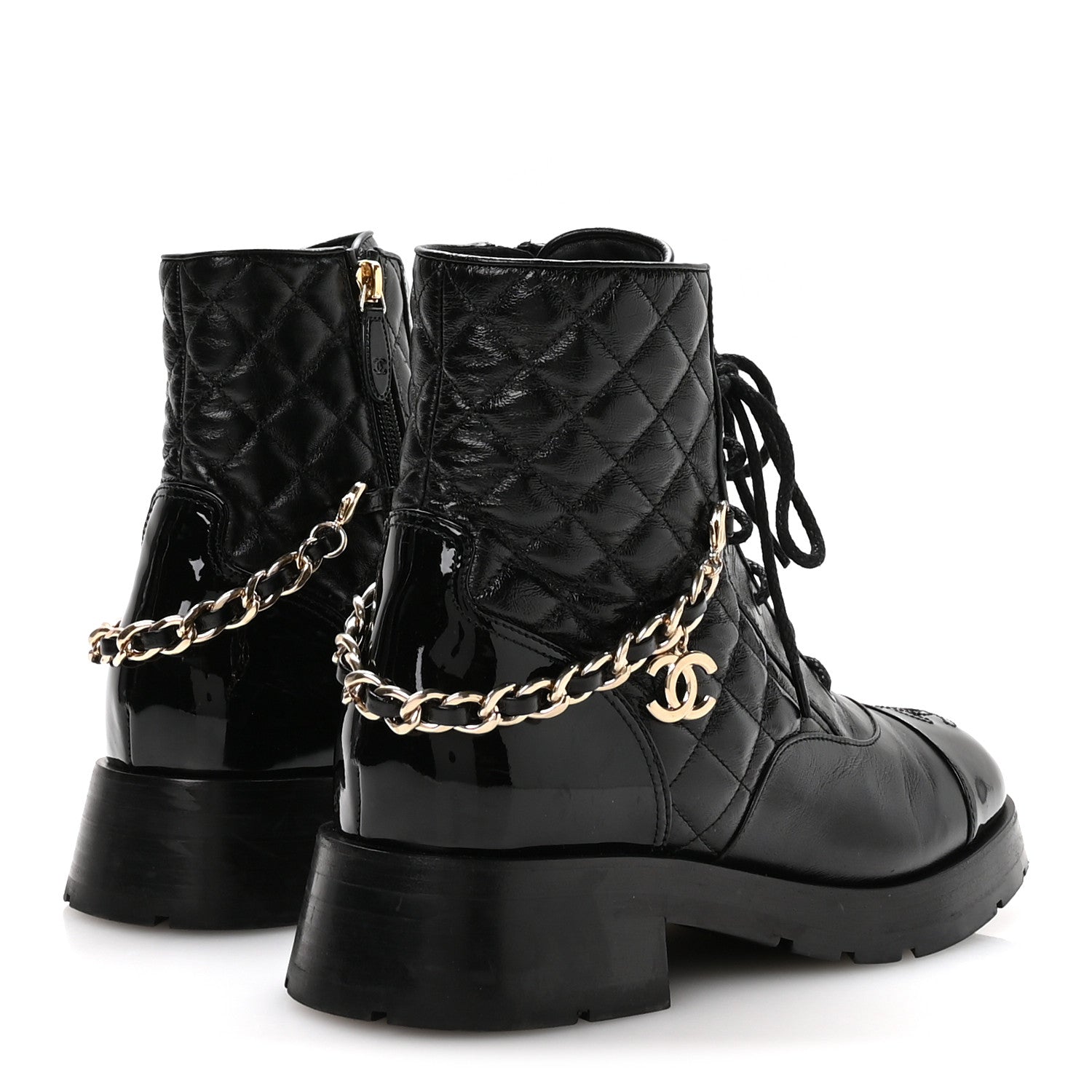 Chanel Shiny Calfskin Patent Quilted Chain Lace Up Combat Boots 40 Black 5 of 9