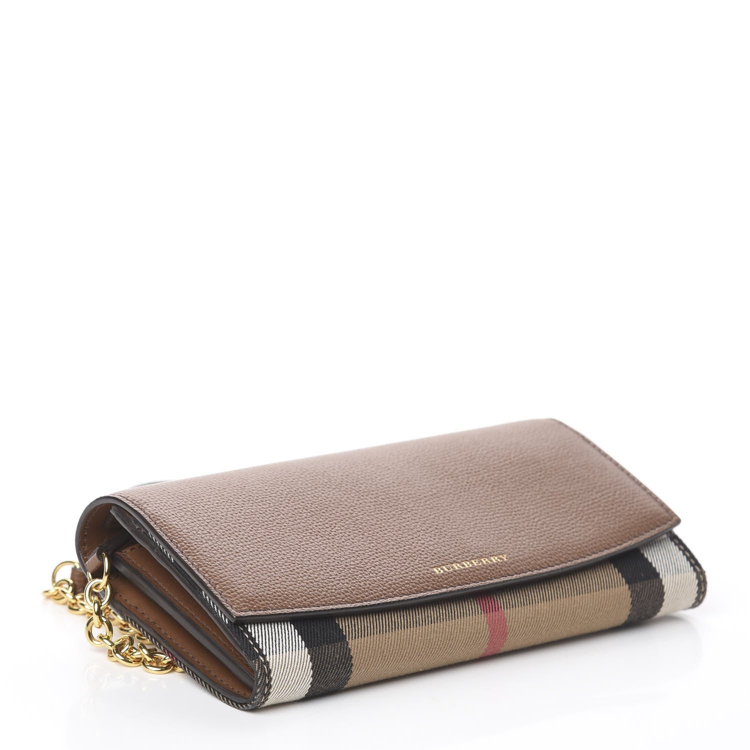 Burberry Grainy Calfskin Horseferry Check Henley Wallet On Chain Tan 3 of 5