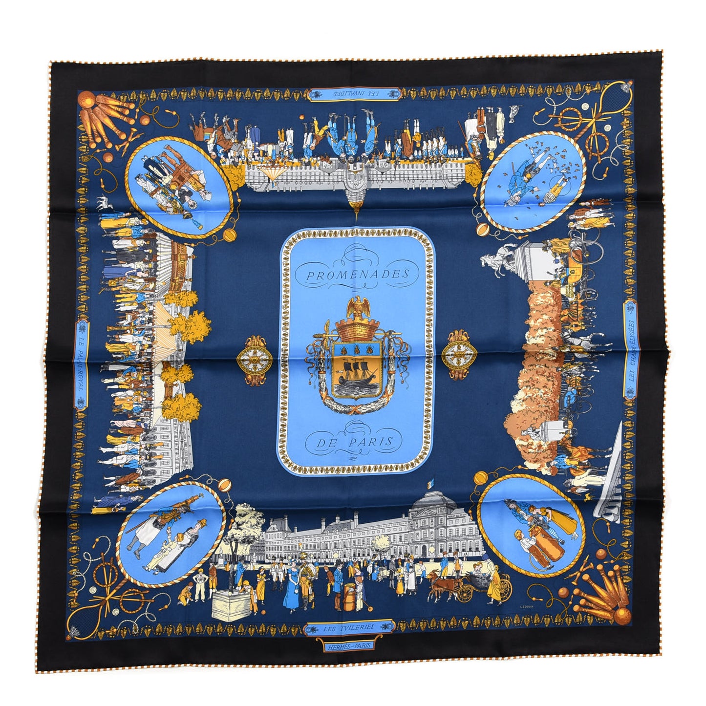 Silk Promenades de Paris Scarf 70 Black Marine Bleu