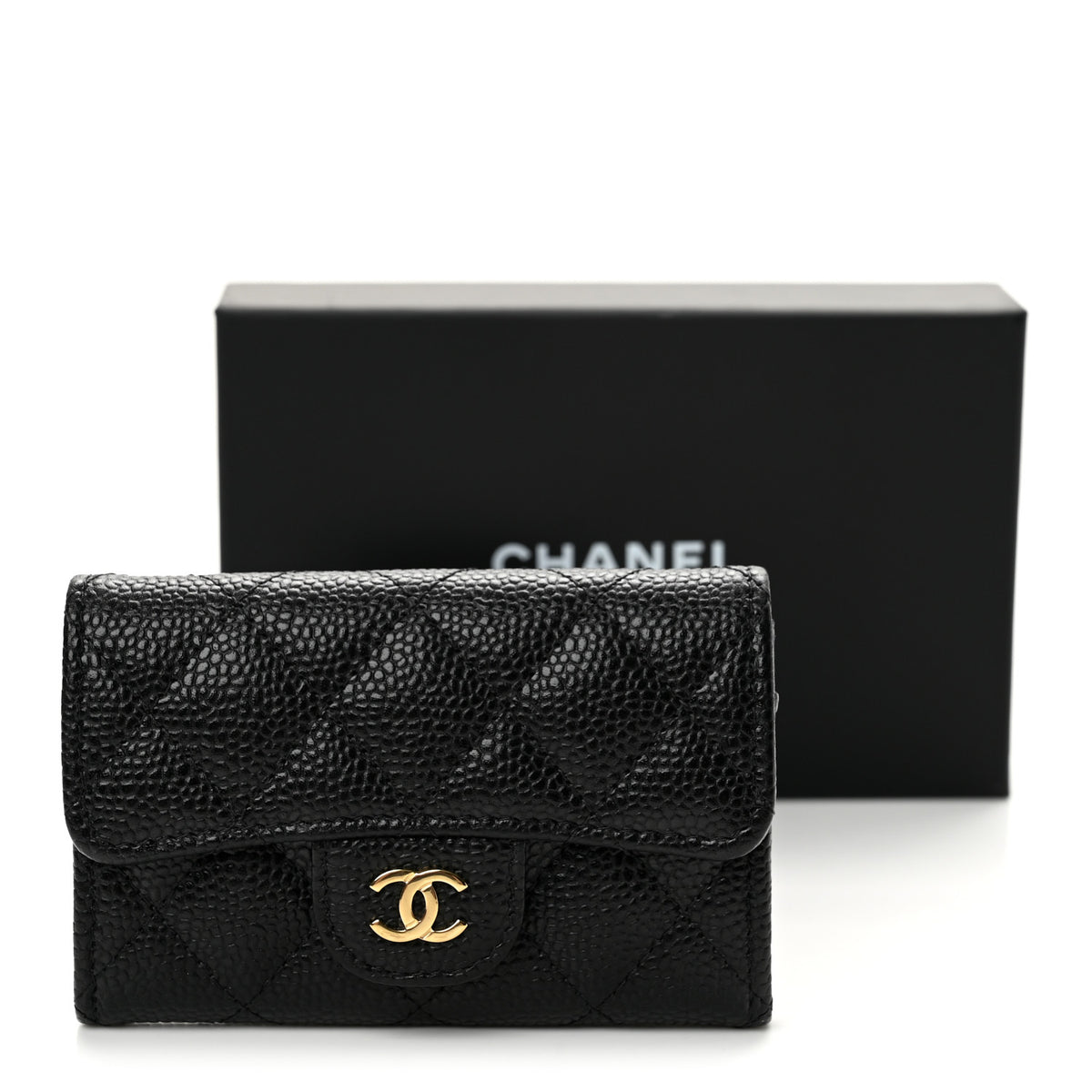 Caviar Quilted Flap Card Holder Wallet Black