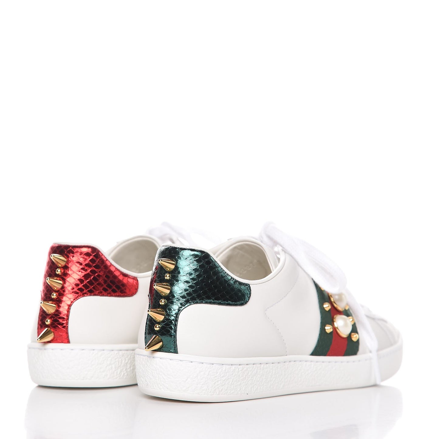 Calfskin Web Pearl Studded Ace Sneakers 36 White