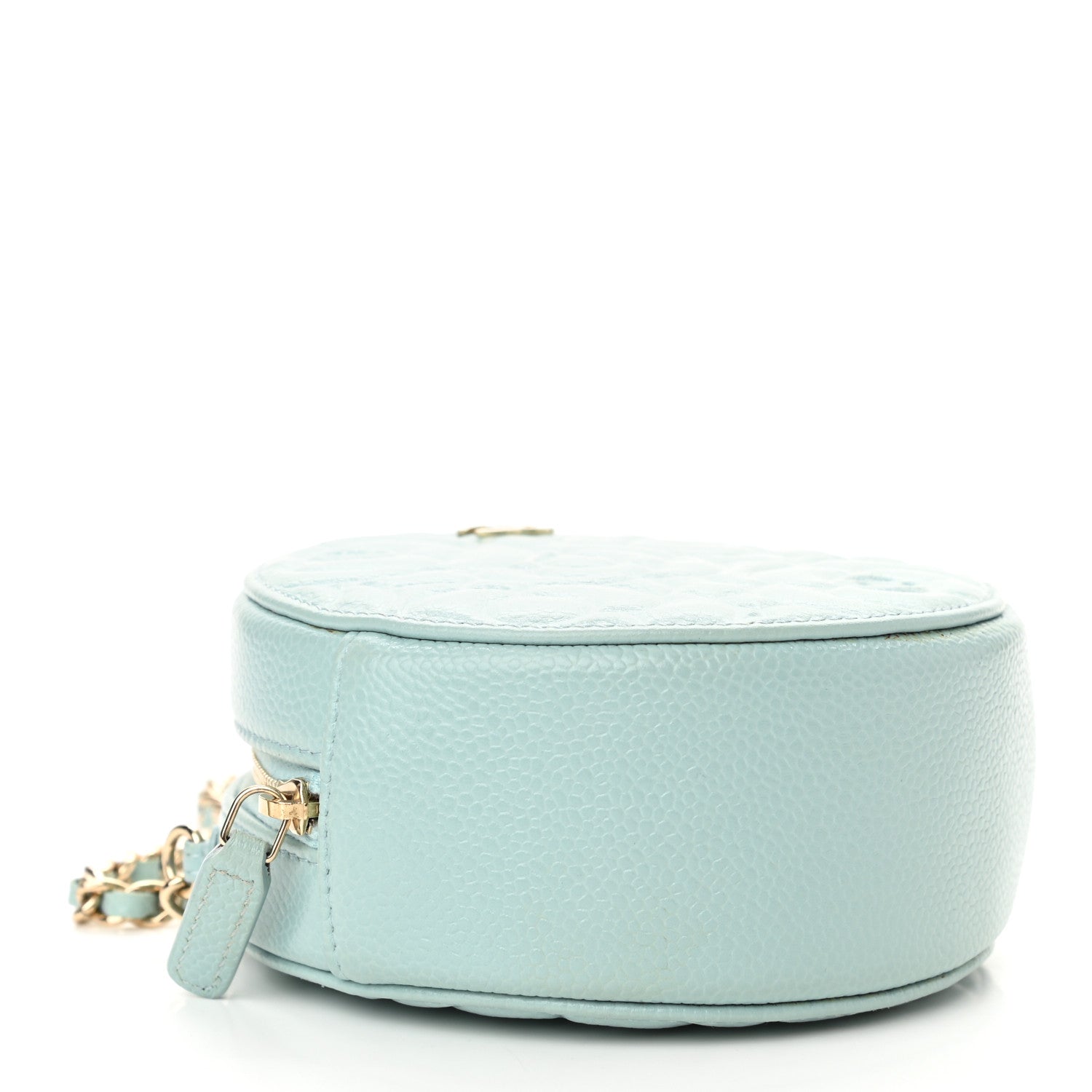 Chanel Caviar Camellia Embossed Round Clutch With Chain Light Blue 4 of 11