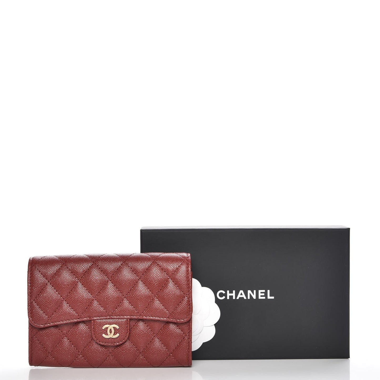 Iridescent Caviar Quilted Medium Flap Wallet Burgundy